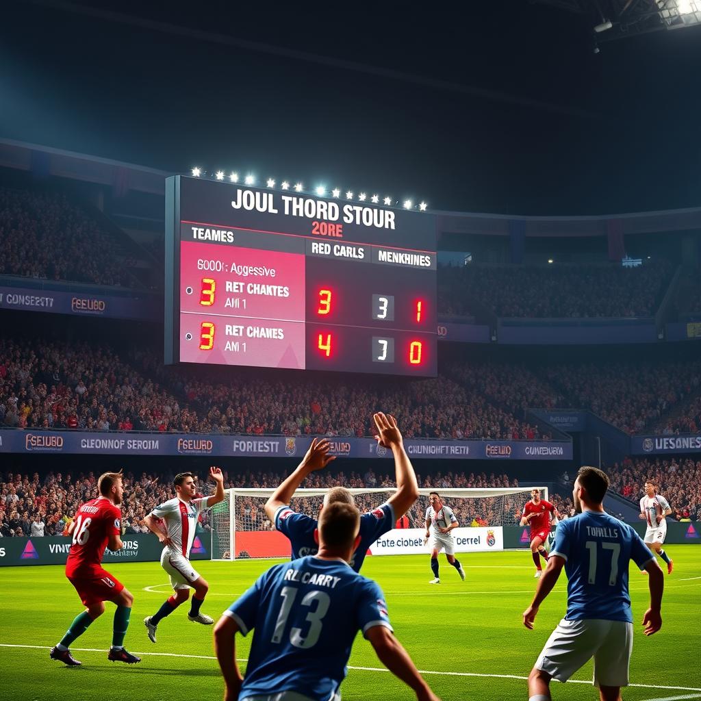 A dynamic sports scene depicting a scoreboard showing two teams competing in a heated soccer match