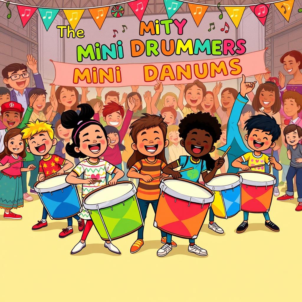 A vibrant and energetic illustration depicting a joyful drum band called 'The Mighty Mini Drummers'