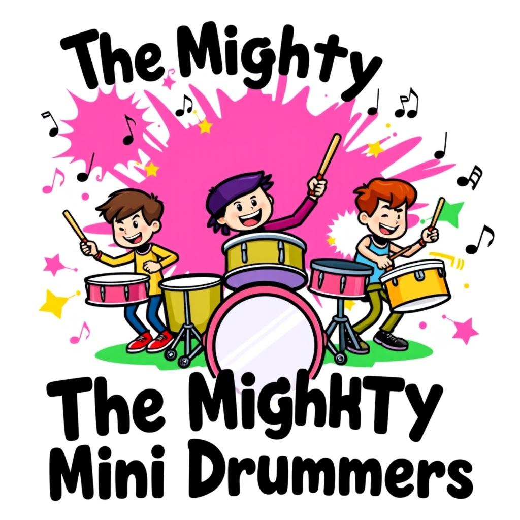 A vibrant and energetic graphic design for a drum band named 'The Mighty Mini Drummers'