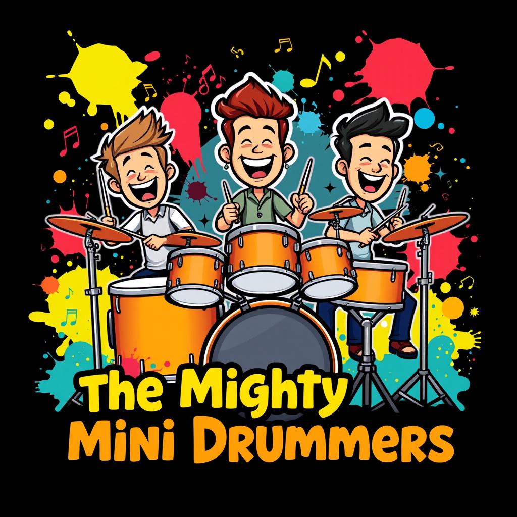 A lively and colorful graphic design for a drum band named 'The Mighty Mini Drummers'
