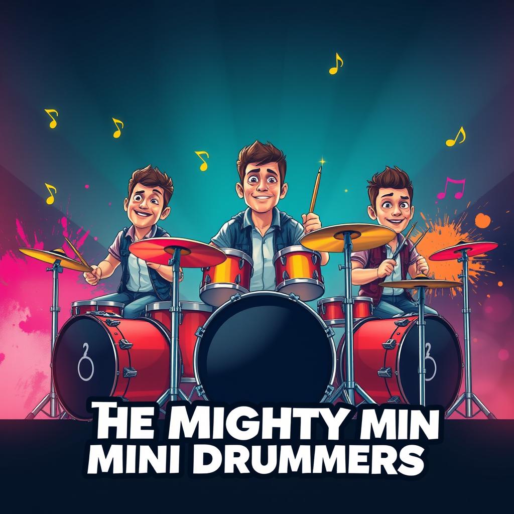 A striking graphic design for a drum band named 'The Mighty Mini Drummers', featuring three realistic male drummers playing a full drum kit