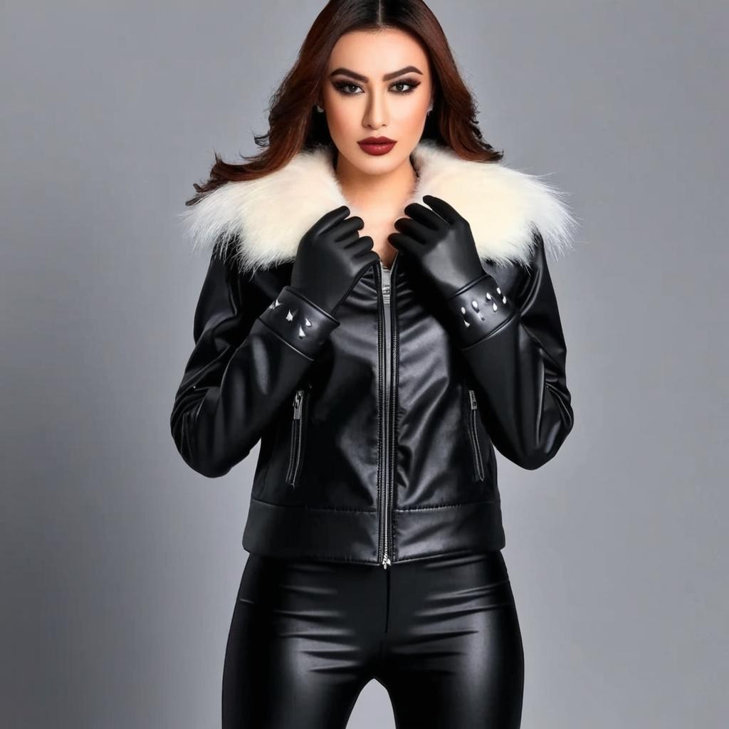 كهذه الصورة ونفس الملابس الجلدية الضيقة ولكن تظهر المرأة بشكل كامل وهي محجبة ومنتقبة تظهر عينيها المكحلتين وأيضا تقف على مسرح وقفة مثيرة منتصبة وهي ترتدي جزمة جلدية كعب عالي