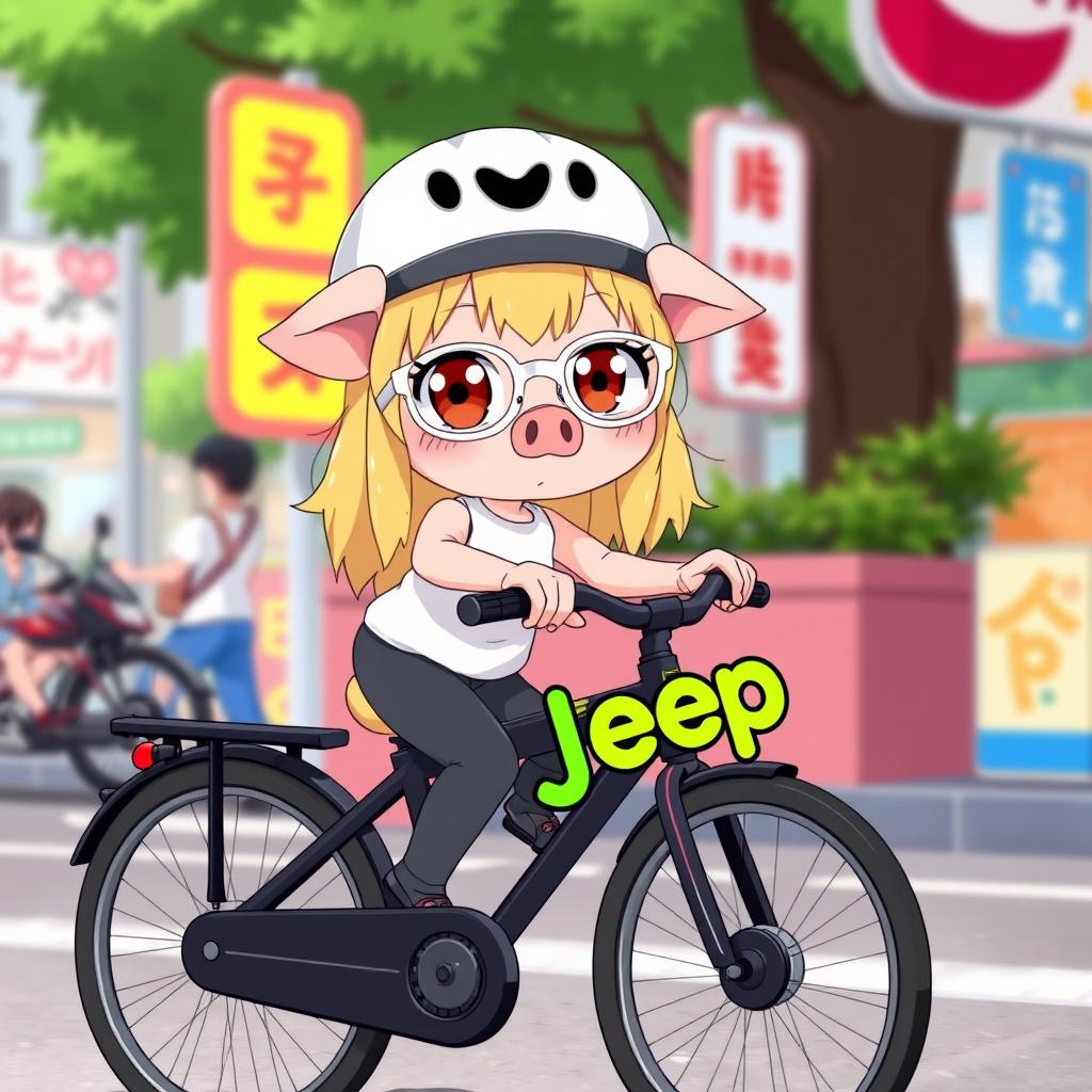 A cute character riding a black bicycle with green letters spelling 'Jeep'