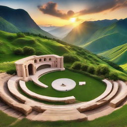 A breathtaking amphitheater surrounded by lush, green mountains during a beautiful sunset.