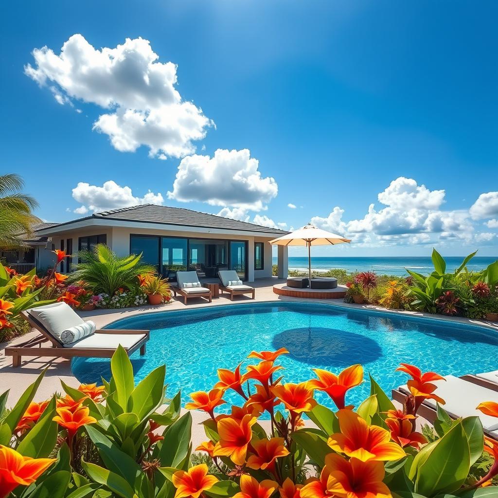 A serene summer scene depicting a luxurious swimming pool surrounded by vibrant tropical plants and flowers