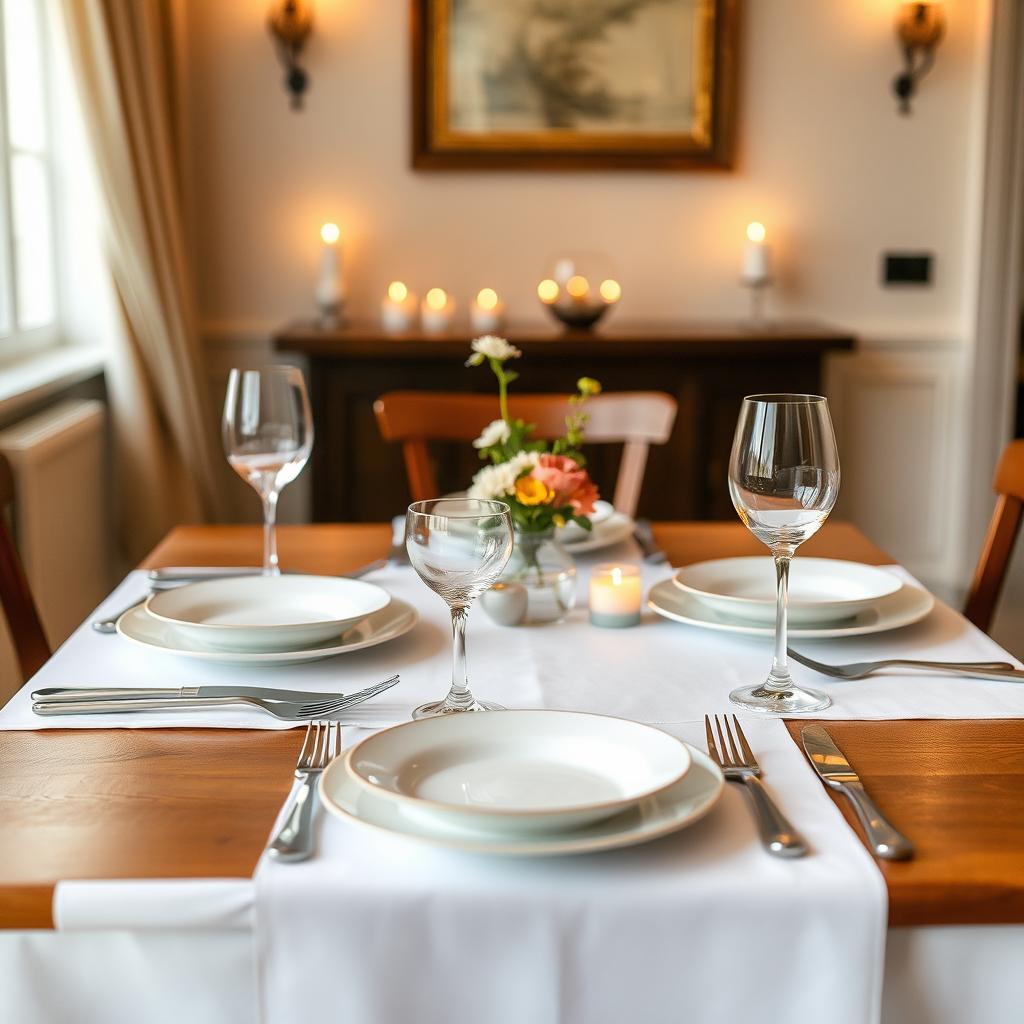 A clean and organized table set for a cozy dinner