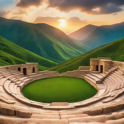 A breathtaking amphitheater surrounded by lush, green mountains during a beautiful sunset.