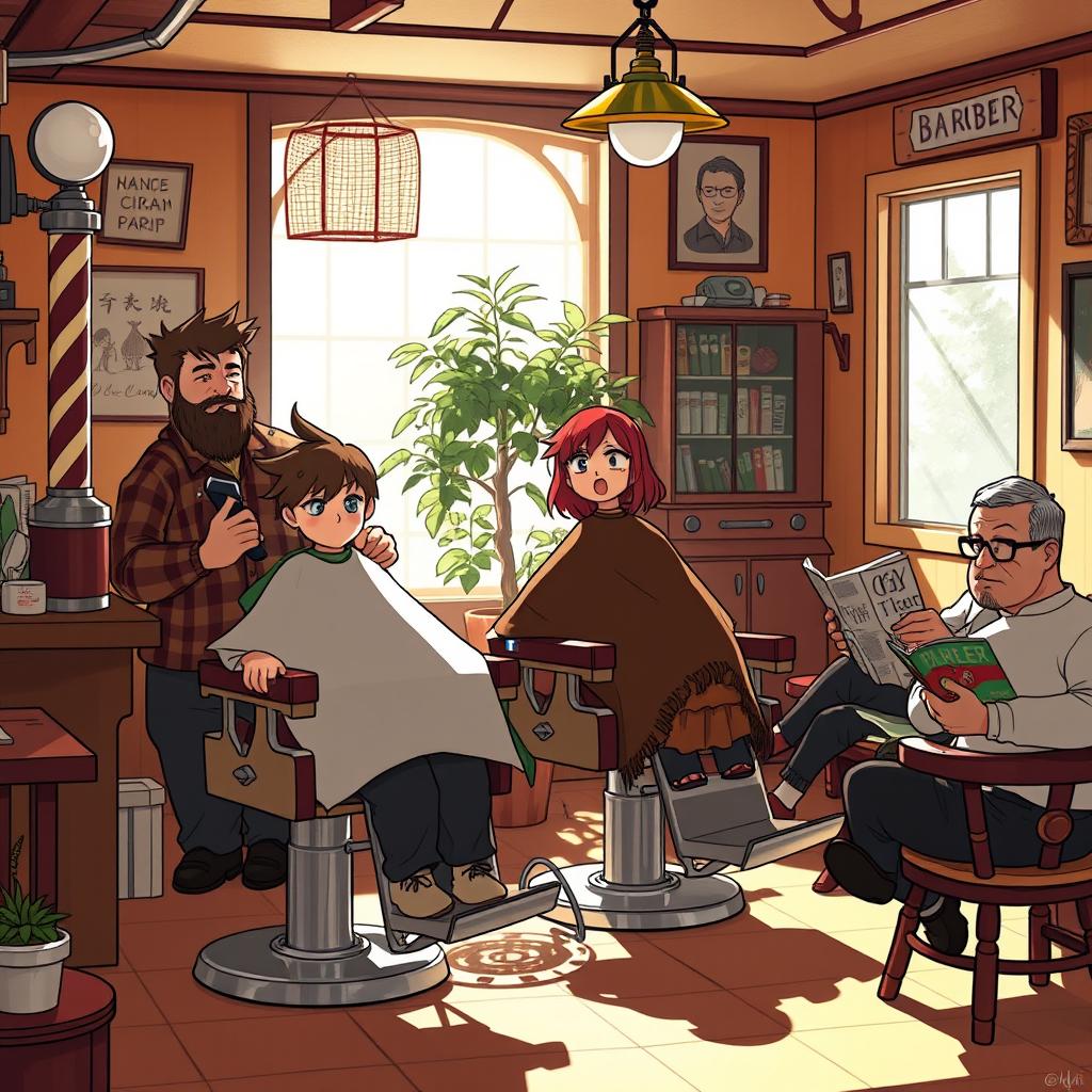 An enchanting and whimsical scene inspired by Studio Ghibli, set inside a charming barber shop