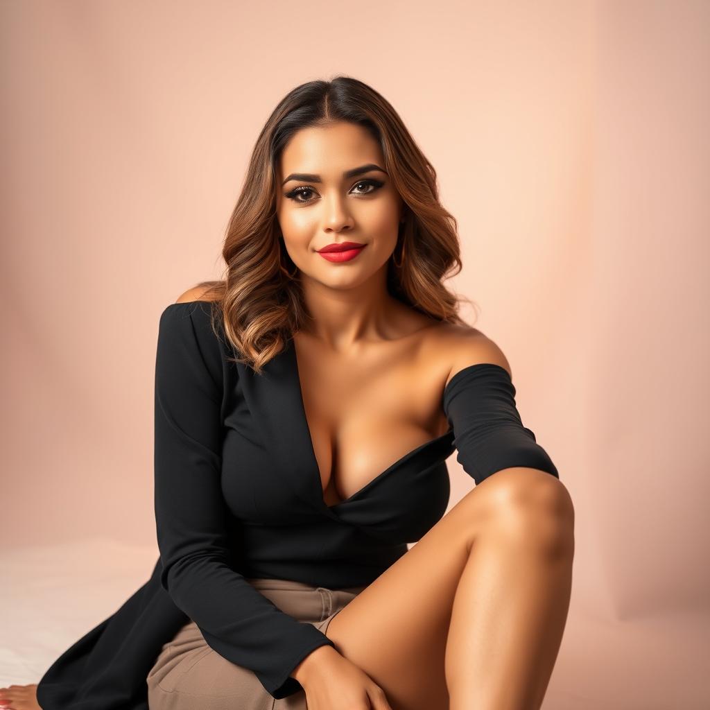 A portrait of a confident and attractive woman sitting in a relaxed pose with one leg crossed over the other, wearing a stylish outfit that accentuates her figure