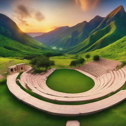 A breathtaking amphitheater surrounded by lush, green mountains during a beautiful sunset.