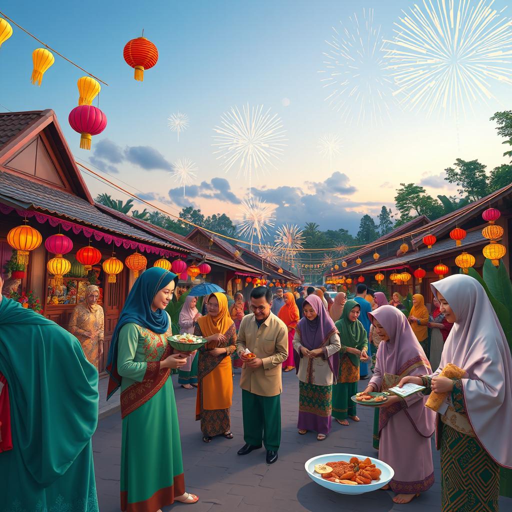 A vibrant Hari Raya Aidilfitri celebration scene in 2025, showcasing a traditional Malaysian village adorned with colorful decorations such as ketupat, lanterns, and festive lights