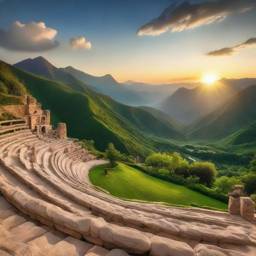 A breathtaking amphitheater surrounded by lush, green mountains during a beautiful sunset.