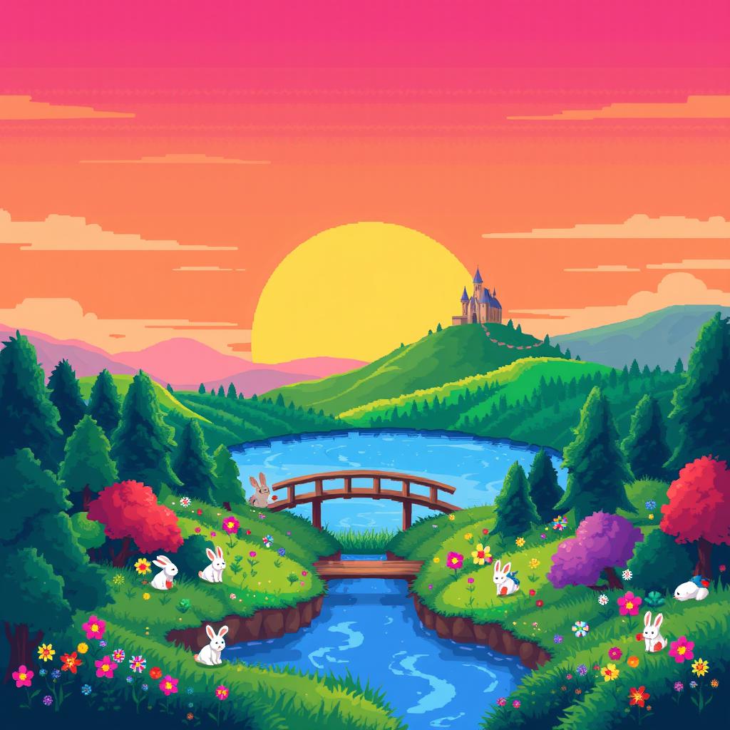 A vibrant pixel art scene depicting a fantasy landscape with a lush green forest, a sparkling blue lake in the center, and rolling hills in the background