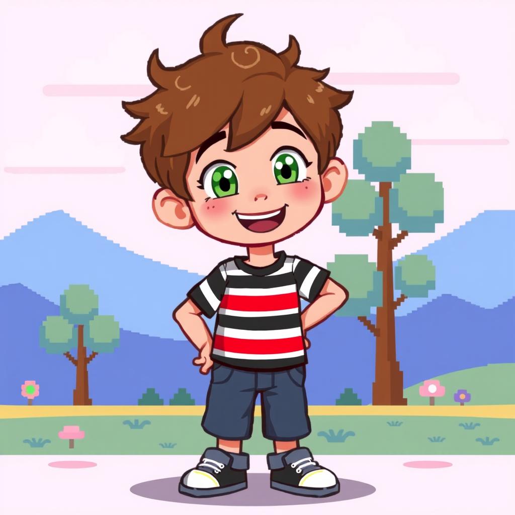 A charming pixel art depiction of a cute boy standing confidently on his feet