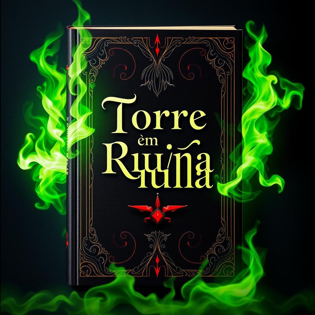 A fantasy book cover featuring mystical green fire on the sides, creating an enchanting and mysterious atmosphere