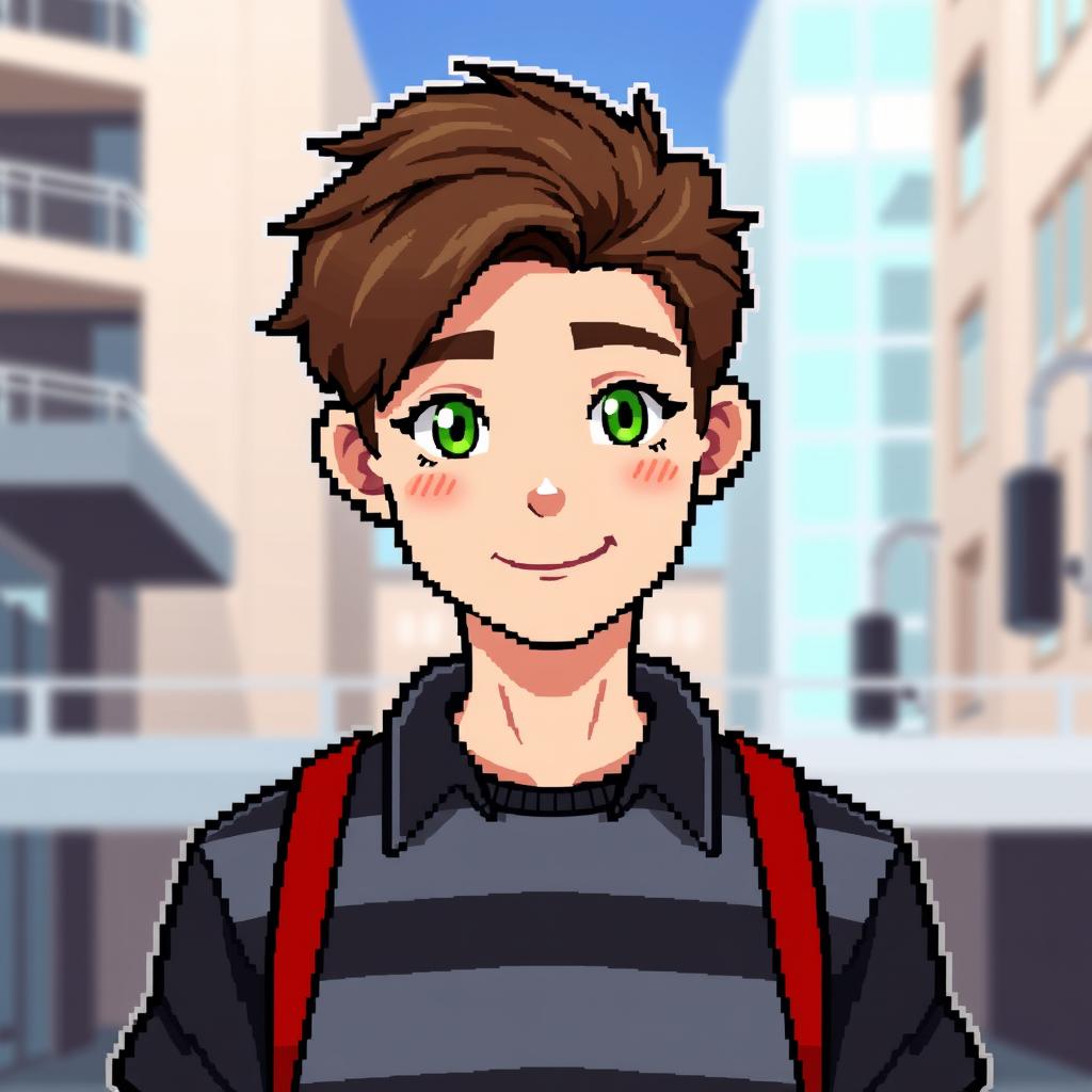 A pixel art character design of a young man in his twenties with brown hair and vibrant green eyes