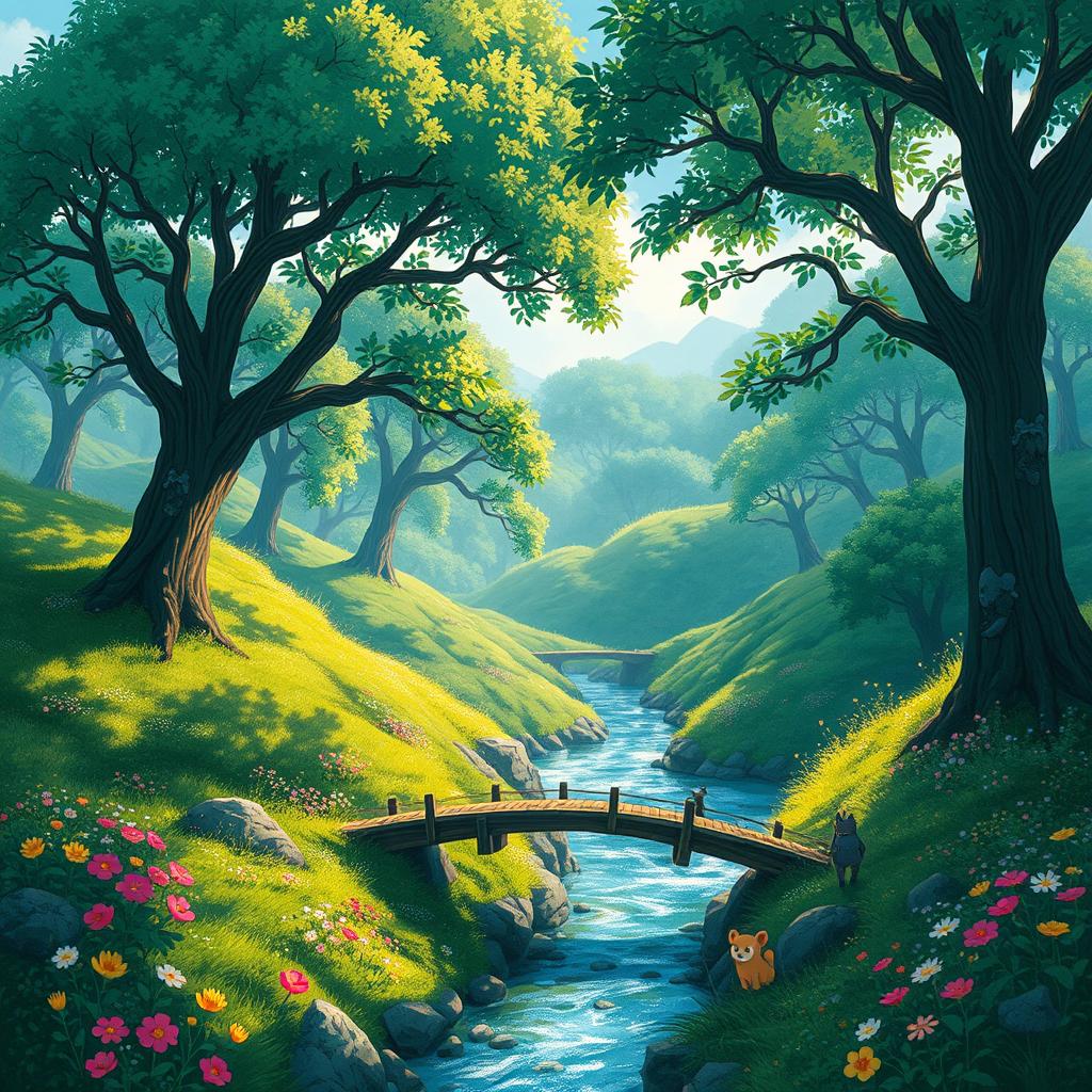 A whimsical and enchanting landscape inspired by Studio Ghibli, featuring lush green hills, a flowing river with sparkling water, and a vibrant forest filled with colorful flowers