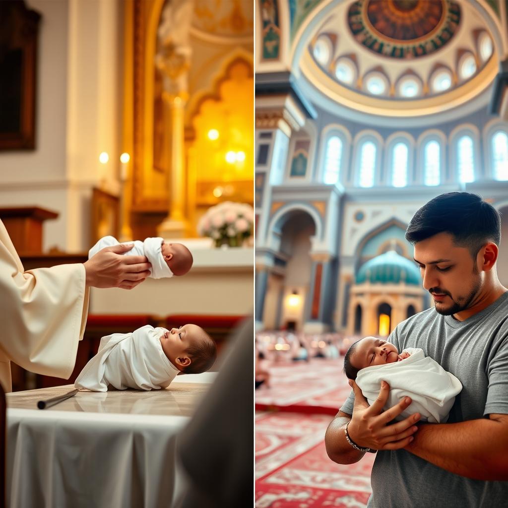 A split image, with the left side showing a priest performing baptism on a baby, dressed in traditional priestly attire, surrounded by a serene church environment