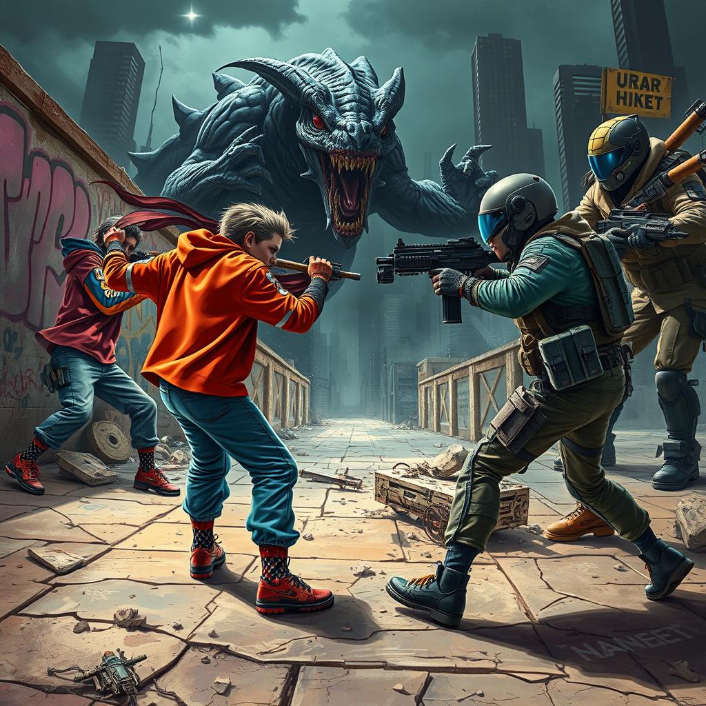 A thrilling scene depicting rival superhero-esque hooligans engaged in a fierce battle against fearsome monster hunters
