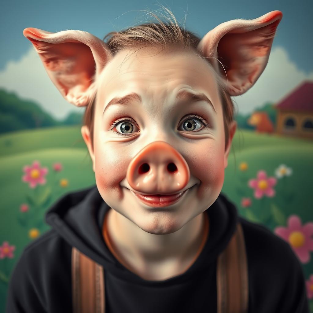 A surreal and whimsical portrait of a person with the facial features of a pig, blending human and pig characteristics harmoniously