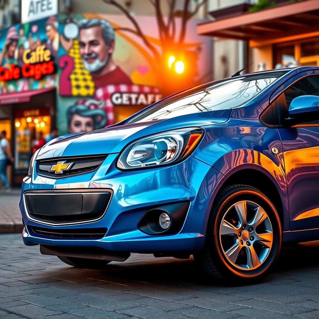 A close-up view of a vibrant and sleek Chevrolet Aveo parked in a modern urban setting