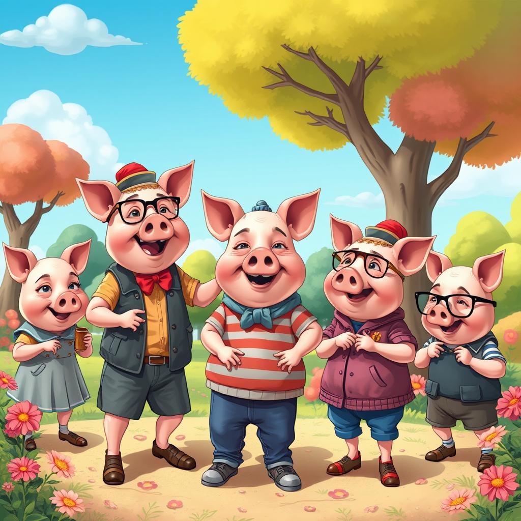 A whimsical scene featuring humorous humanoid characters with pig faces, showcasing exaggerated, funny expressions