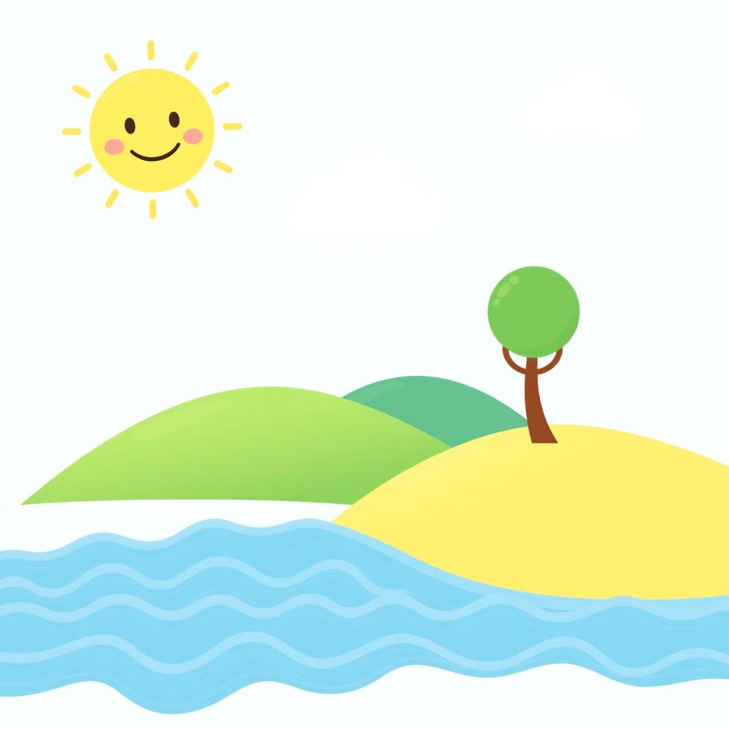 A minimal cartoon representation of a serene landscape, featuring playful hills, a bright sun with a smiling face, and fluffy white clouds