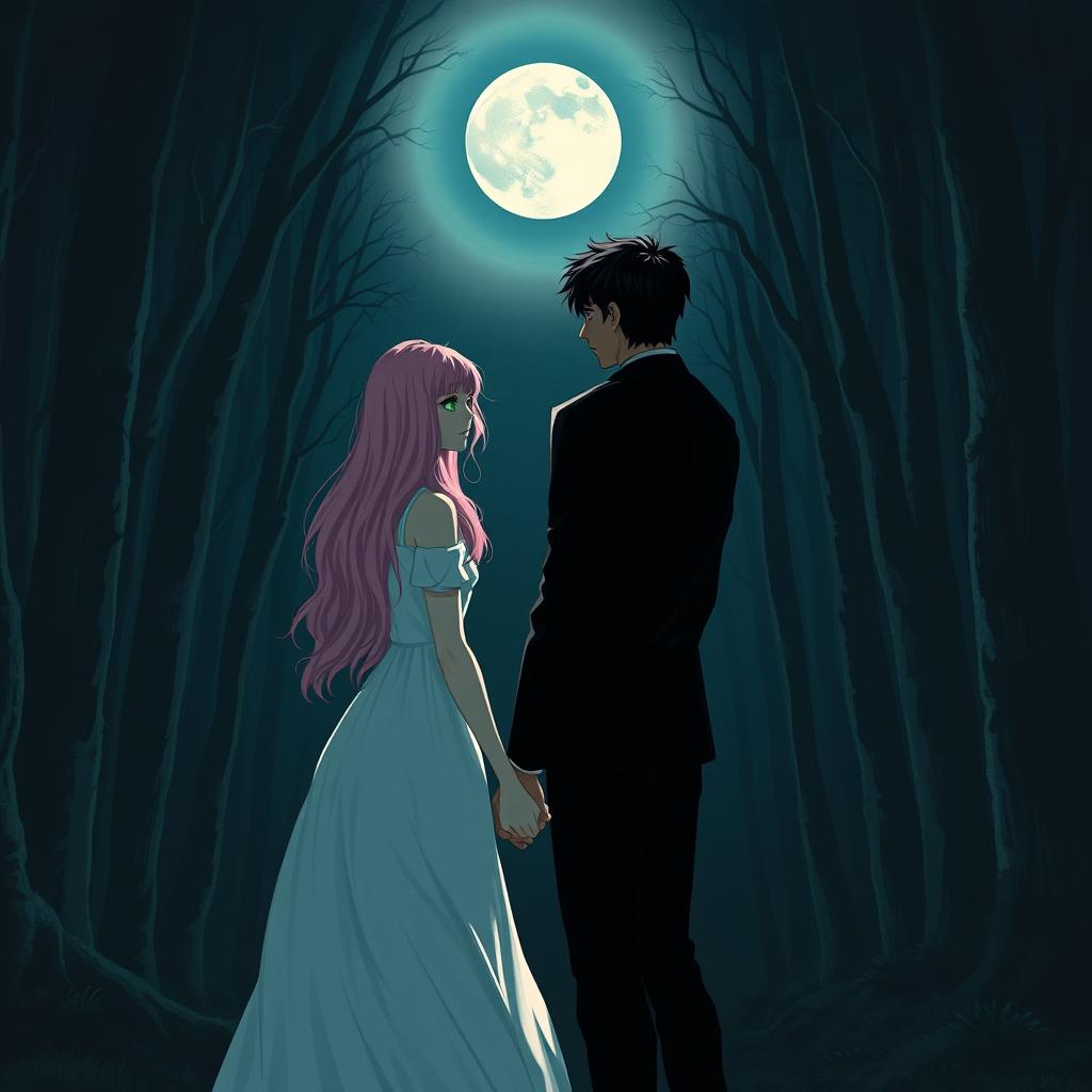 A couple under the moonlight in a dark, shadowy forest