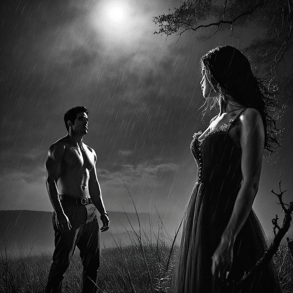 Um casal sob a luz do luar. A noite na floresta sombria é escura. Ambos estão de costa um para o outro, apenas com suas mãos dadas. A mulher com seus longos cabelos rosas, um vestido branco e os seus olhos verdes. O homem alto, cabelos pretos e olhos ônix com a noite.