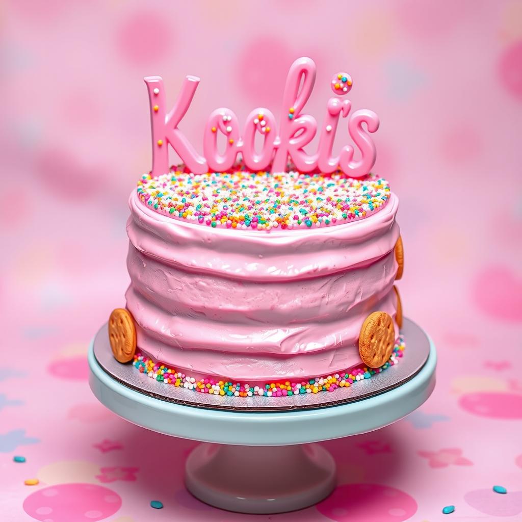 A whimsical pink cake decorated with vibrant sprinkles, featuring the brand name 'Kooki's Kookies' elegantly written on top in fun, playful lettering
