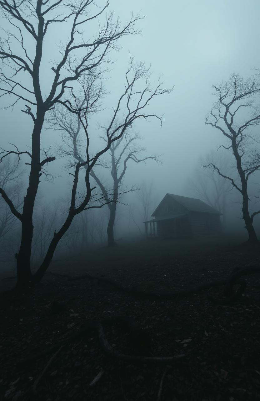 A foggy scene in the Appalachian mountains, creating an eerie and suspenseful atmosphere suitable for a horror book titled 'Count Your Blessings'