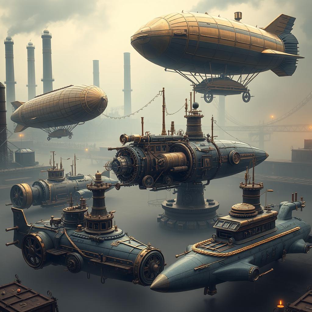 A stunning collection of steampunk vehicles, including intricate airships with brass details, ornate steam-powered cars with Victorian designs, and unique submarines that combine classic architecture with futuristic elements