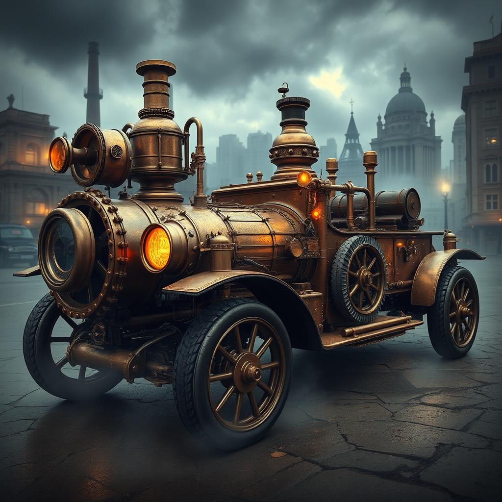 A detailed steampunk vehicle, featuring intricate brass and copper elements, large exposed gears, and steam-powered engines