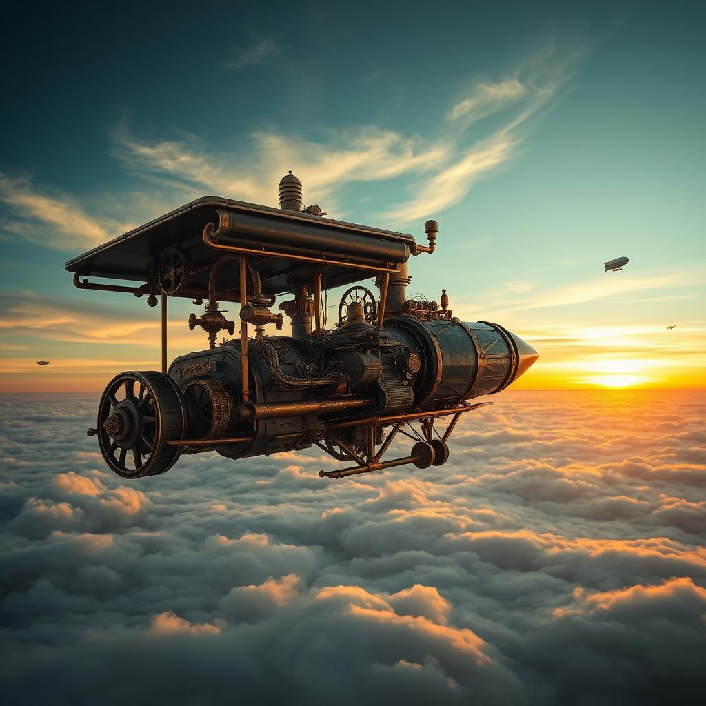 A steampunk flying vehicle soaring through a cloudy sky, featuring intricate gears, brass elements, and Victorian aesthetics