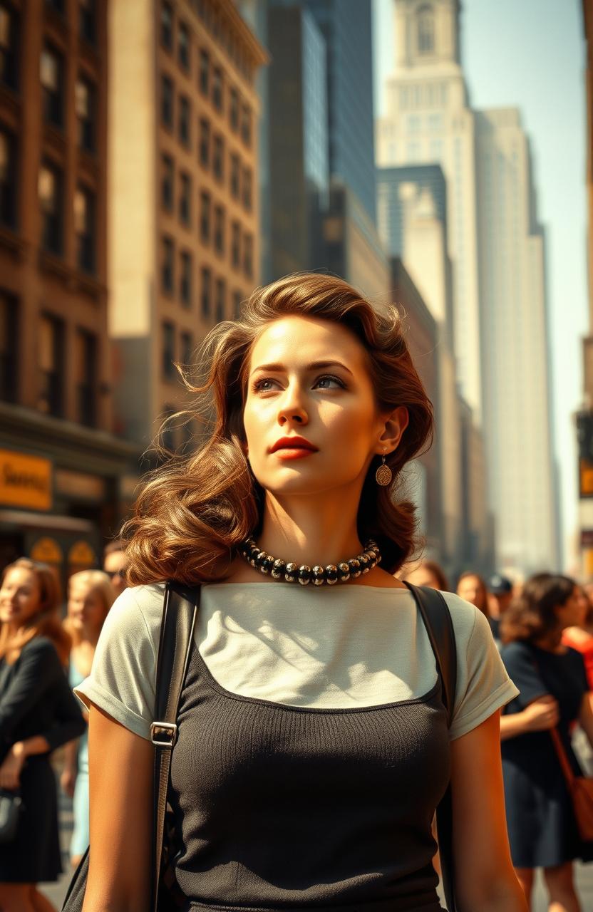A young woman in a 1950s New York City setting, surrounded by tall buildings and lively streets, deep in thought
