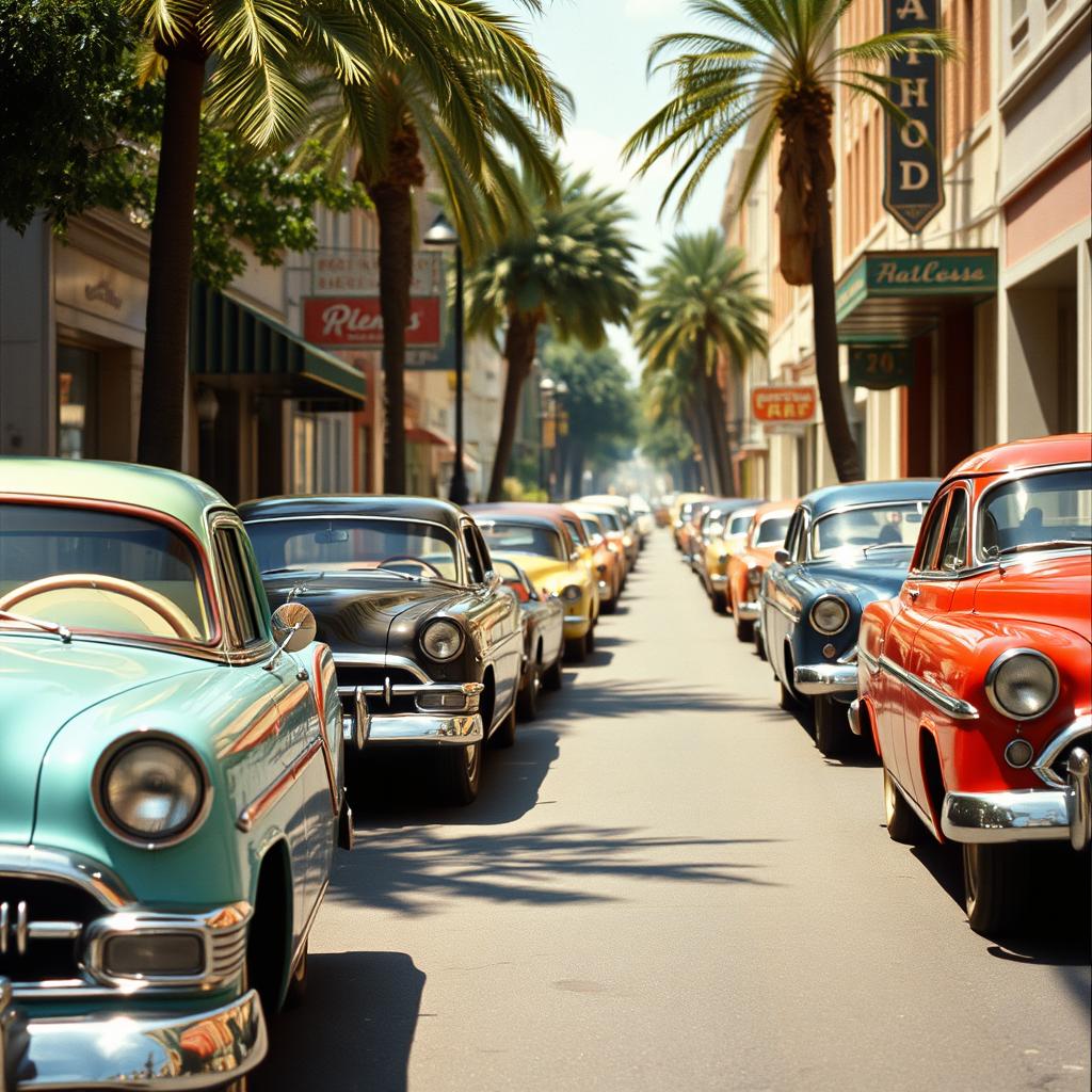 A scenic street lined with vintage cars from the 1950s, showcasing their distinctive designs and colors