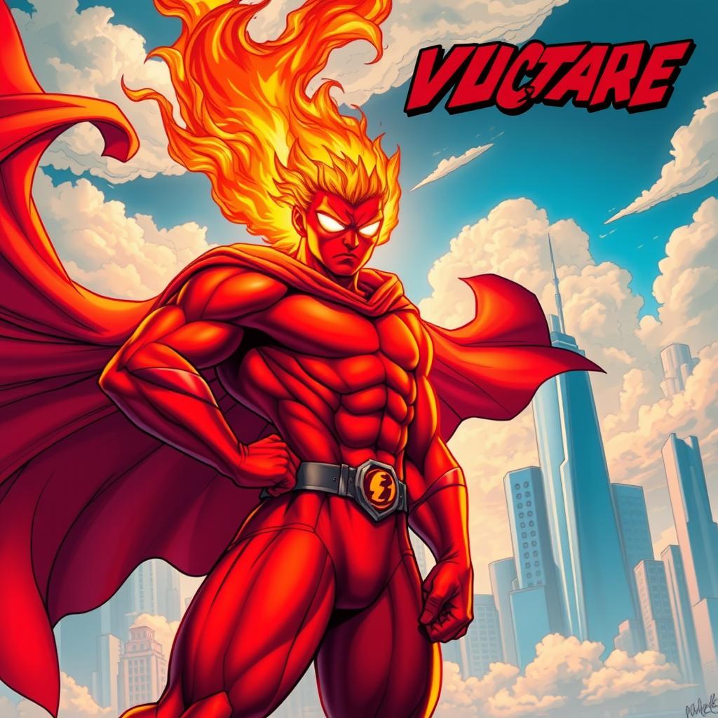 A powerful superhero character with bright red skin, wearing a flowing red cape that billows dramatically behind them