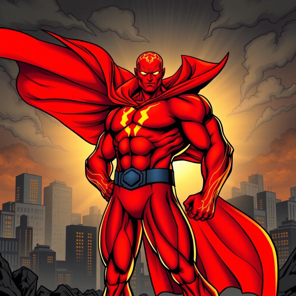 A powerful superhero with striking volcano-inspired red skin, standing confidently with a dynamic pose