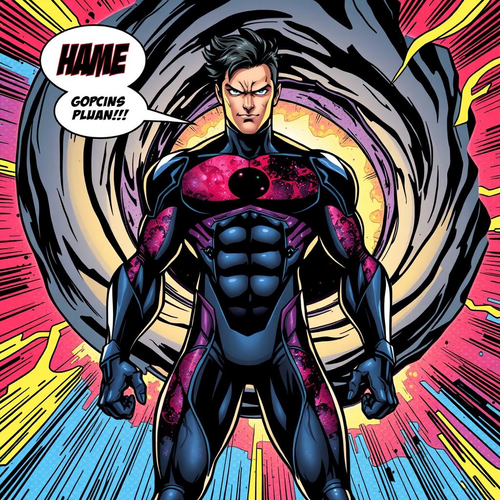 A powerful superhero with black hole powers, depicted in dynamic comic book style