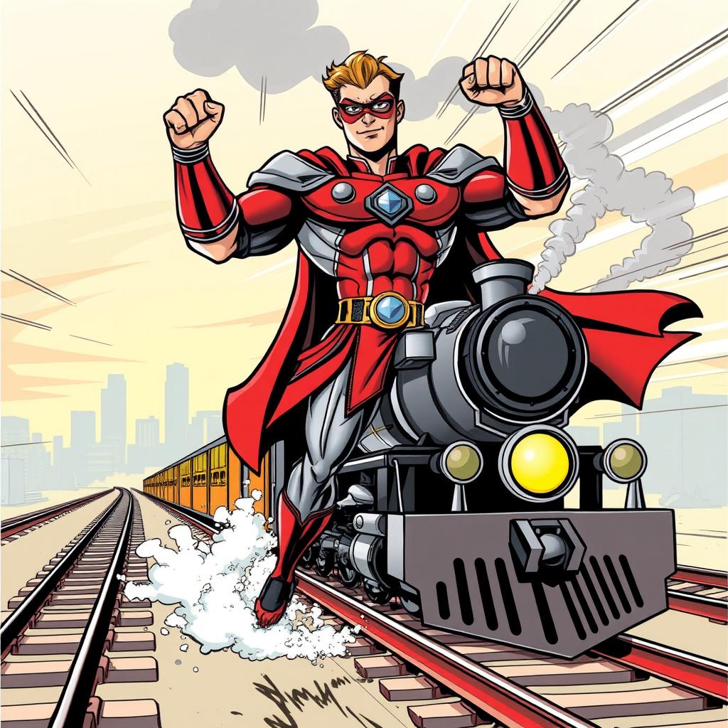A superhero character illustrated in a dynamic comic book style, featuring the powers of a train