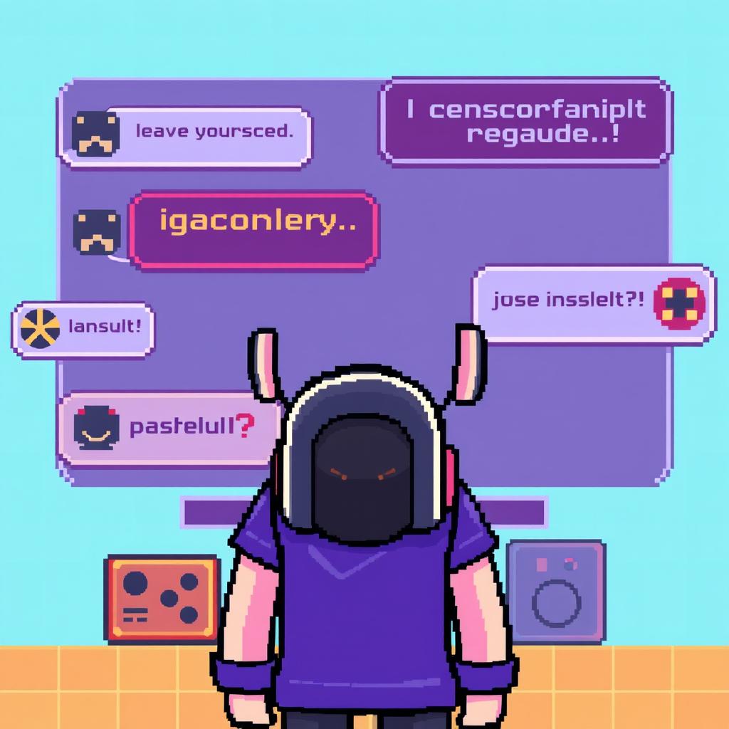 A pixel art depiction of a gamer in front of a retro chat interface, showcasing a humorous atmosphere of censorship