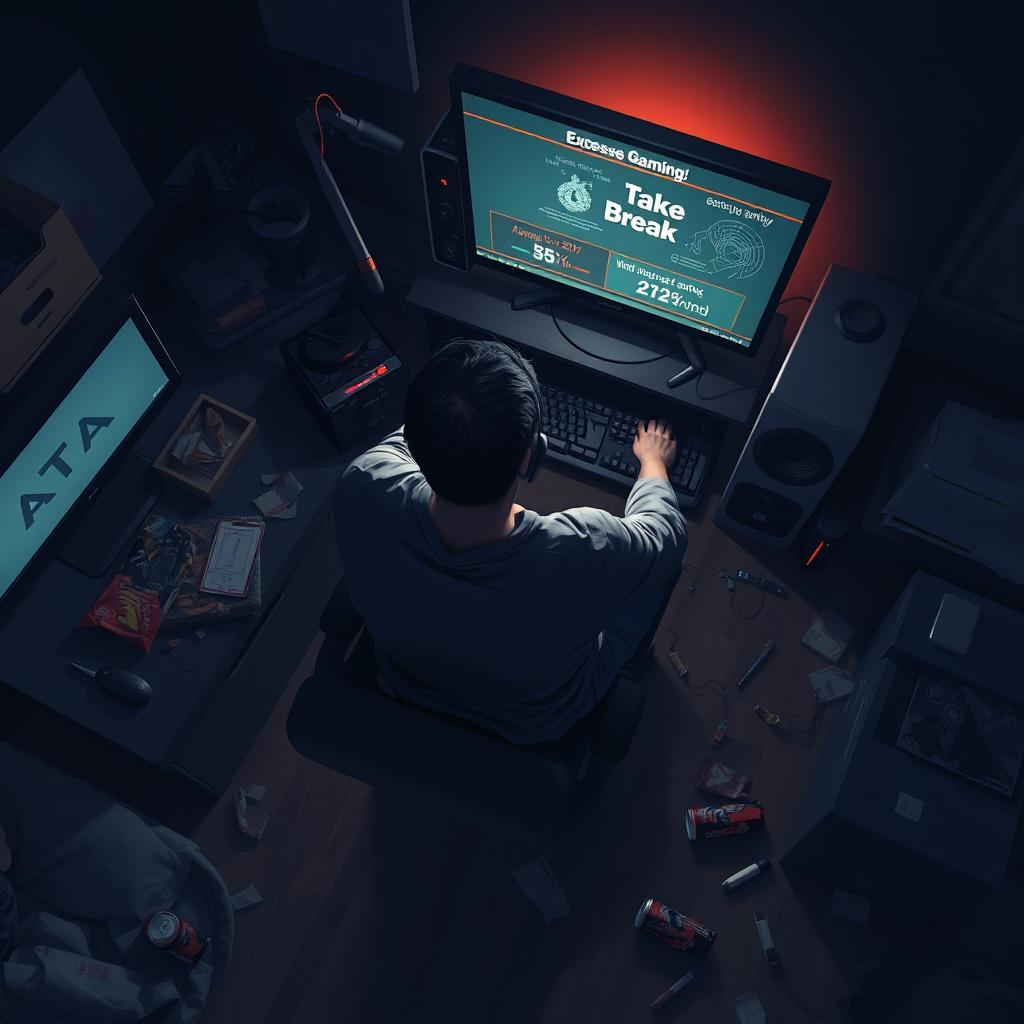 A semi-realistic digital illustration of a gamer in a dark room with their monitor illuminating the scene
