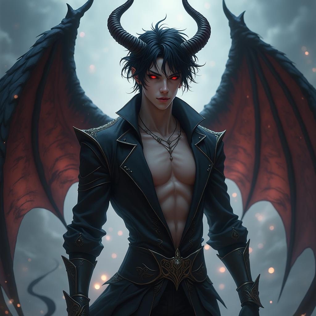 A captivating male incubus character depicted in an imaginative fantasy style, featuring an alluring appearance with sharp facial features and glowing crimson eyes