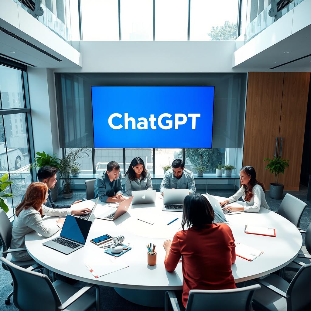 An innovative office space featuring a few workers gathered around a large, circular table