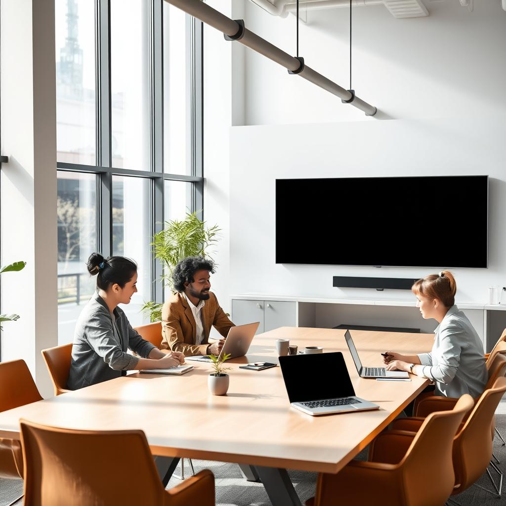 An innovative office environment showcasing a few workers gathered around a large, modern table