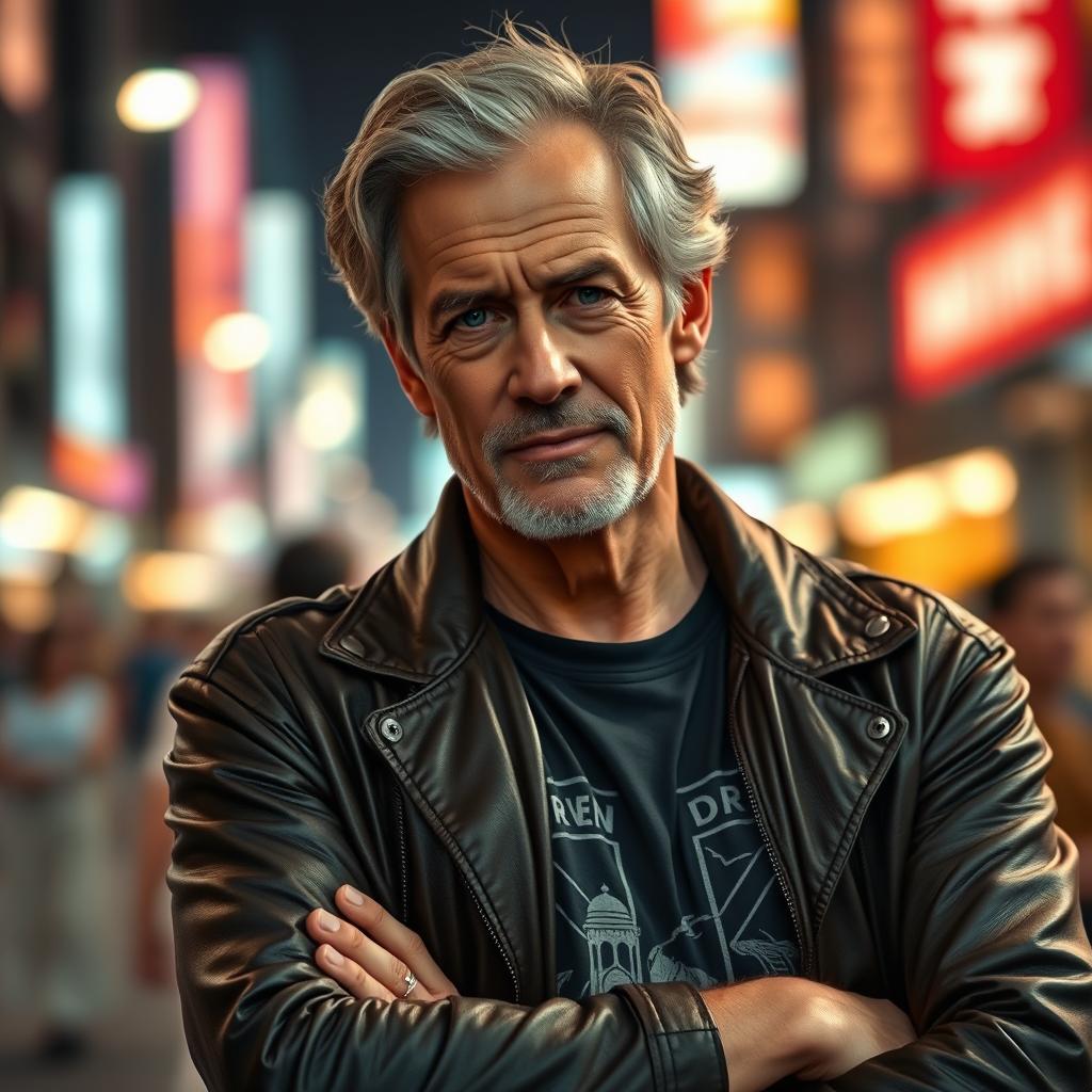An older version of a young man from a movie poster, featuring salt-and-pepper hair, a wise and charismatic expression, wearing a stylish leather jacket and a graphic t-shirt