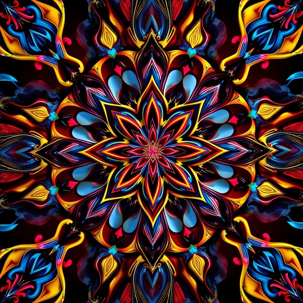 A stunning and eye-catching design featuring a vibrant color palette that includes bold reds, deep blues, and bright yellows
