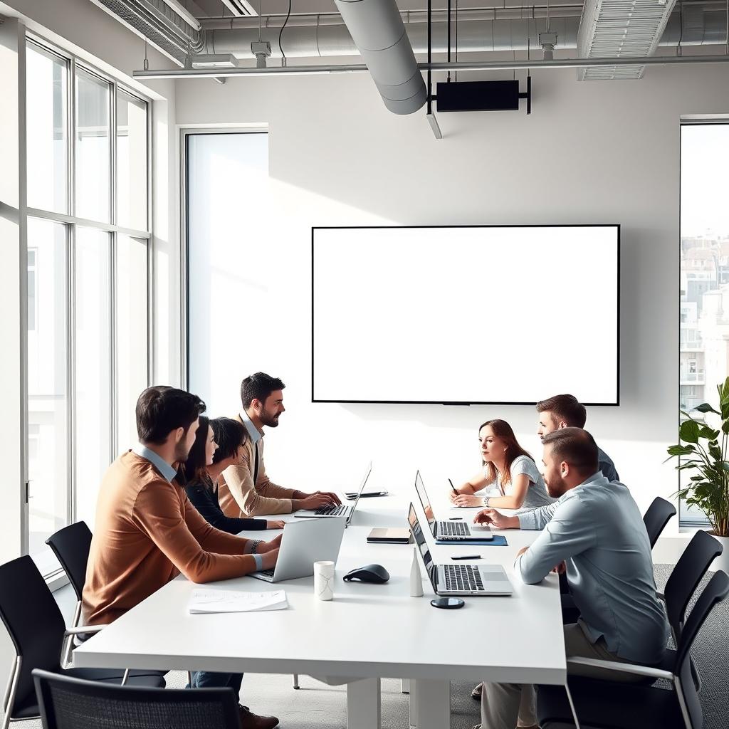 An innovative office environment featuring a few workers gathered around a large, modern table