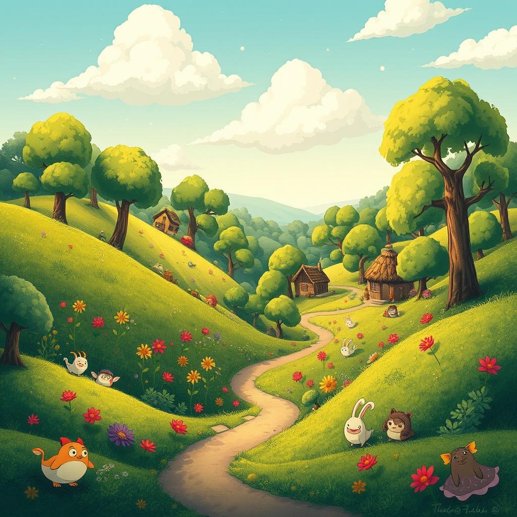 A whimsical landscape inspired by Studio Ghibli, featuring lush green hills, a small winding path leading through a vibrant forest filled with various fantastical creatures like spirits and tiny forest animals
