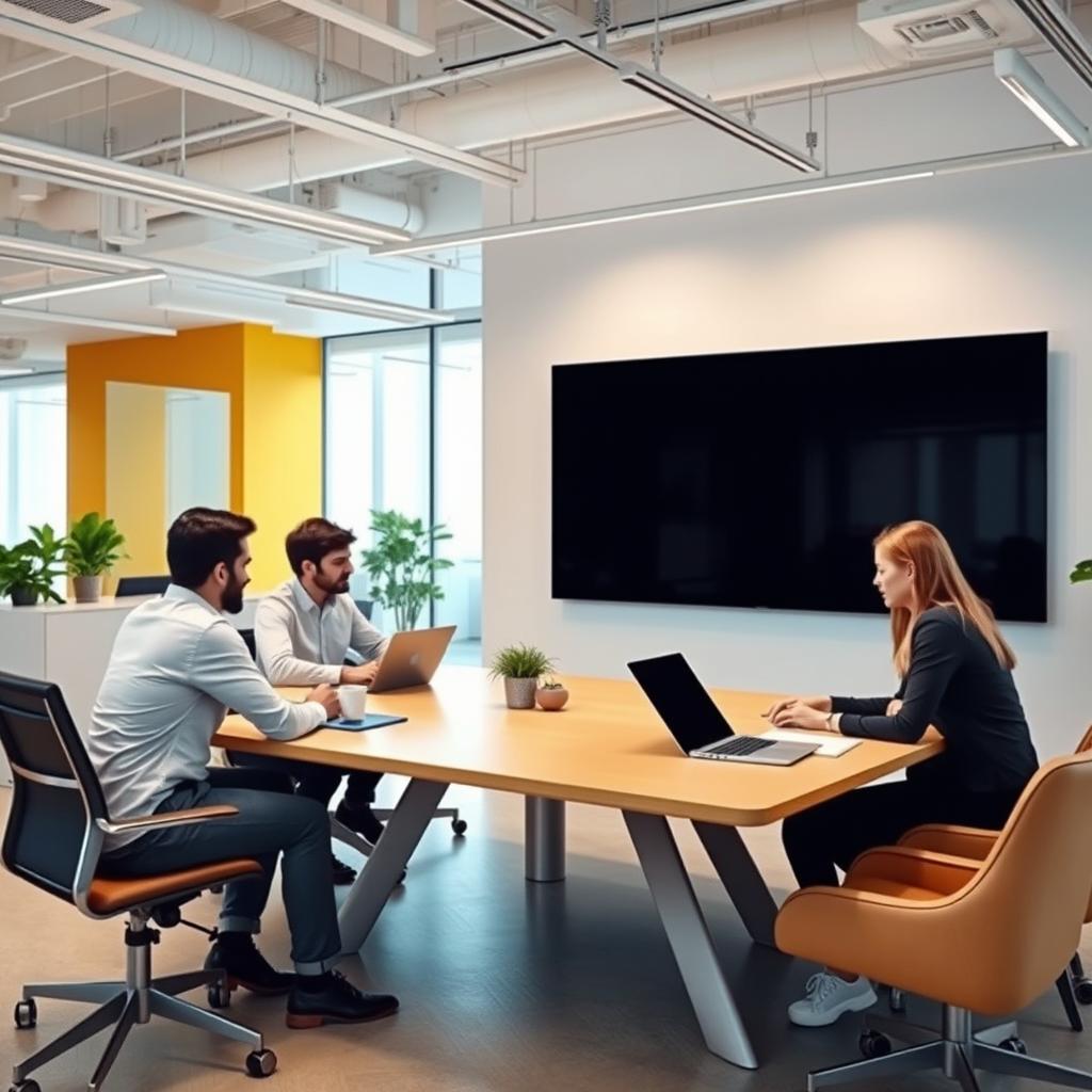 An innovative office environment featuring a few workers sitting around a large, stylish table